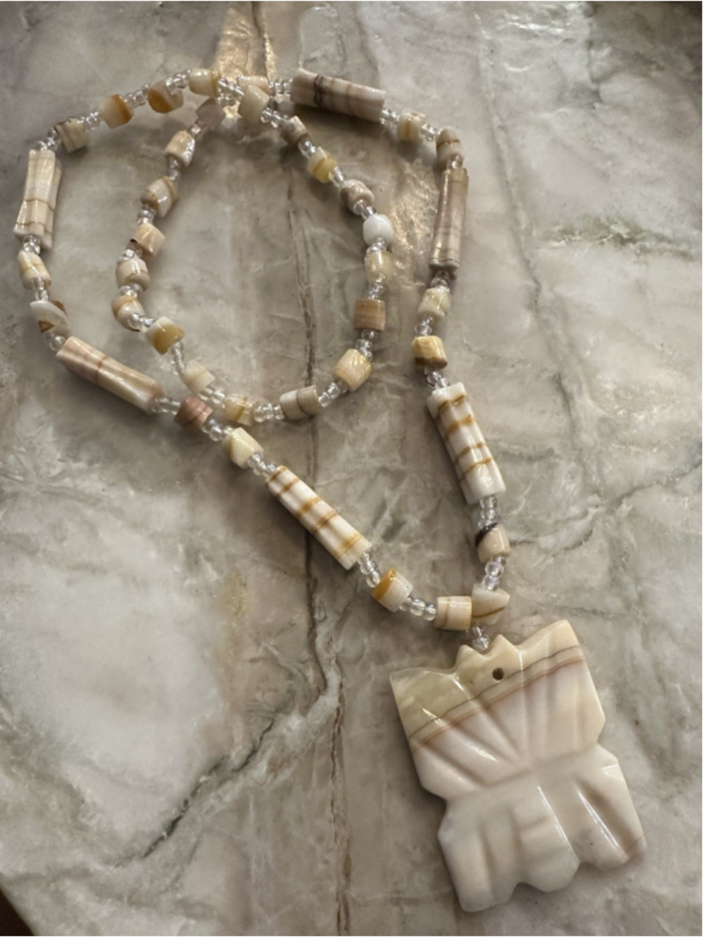 Vintage White Onyx Carved Pendant Necklace Aztec Design